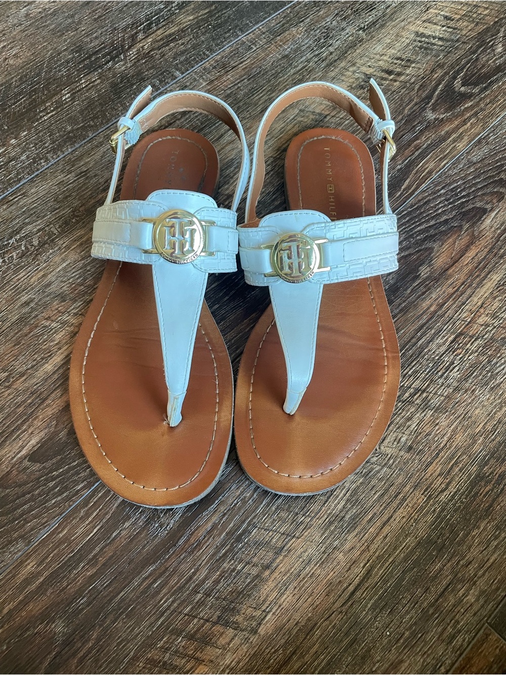 Tommy Hilfiger White Leather T-Strap Sandals with Gold Logo